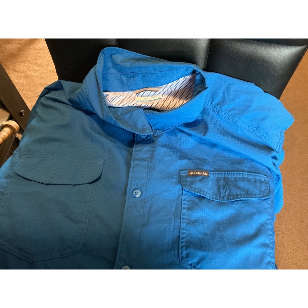 Columbia Mens Omni-Wick Blue Ripstop Short Sleeve Fishing Hiking Shirt Large